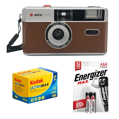Agfaphoto Analog Kamera 35mm Brun + Ultramax 400 + 2st AAA batterier