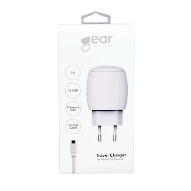 Gear Laddare 220V 1xUSB 1A Vit MicroUSB Kabel platt 1m