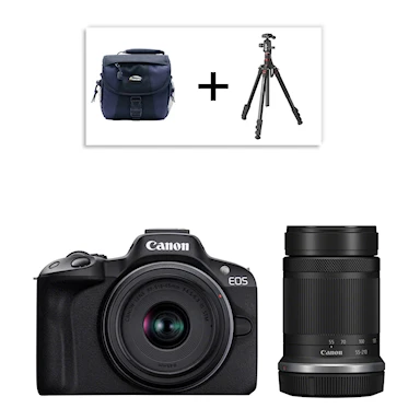 Canon EOS R50 Svart + RF-S 18-45 mm f/4,5-6,3 IS STM + RF-S 55-210 mm f/5-7,1 IS STM + Stativ & Väska